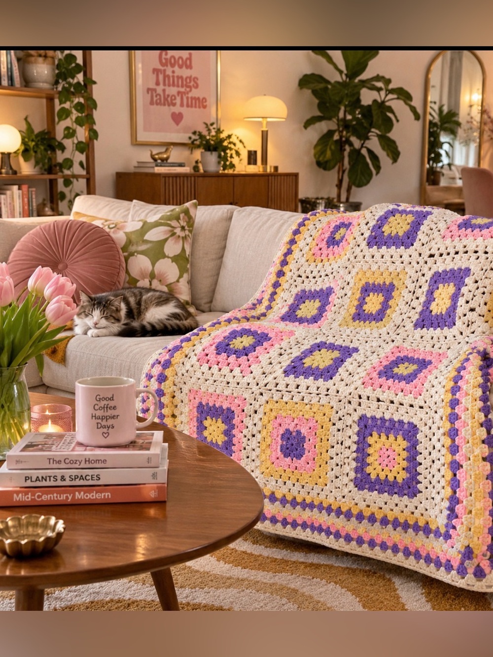 80×100 Handmade Crochet Granny Square Throw Cream & Purple